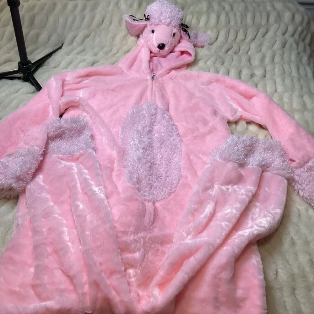 fluffy, pink poodle-themed onesie or costume adult X-Large